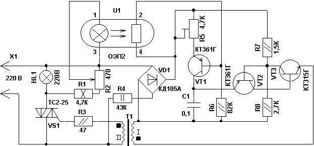 Схема оптронного стабилизатора сетевого напряжения.