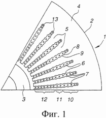 схематично показан вид вдоль оси на сектор статора электрического генератора в ветроэлектрической станции согласно изобретению